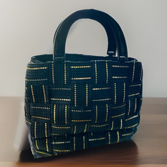 Vintage M&G Bertini Black and Gold Tote Bag Double Lucite Handles Made In Italy - Picture 1 of 12